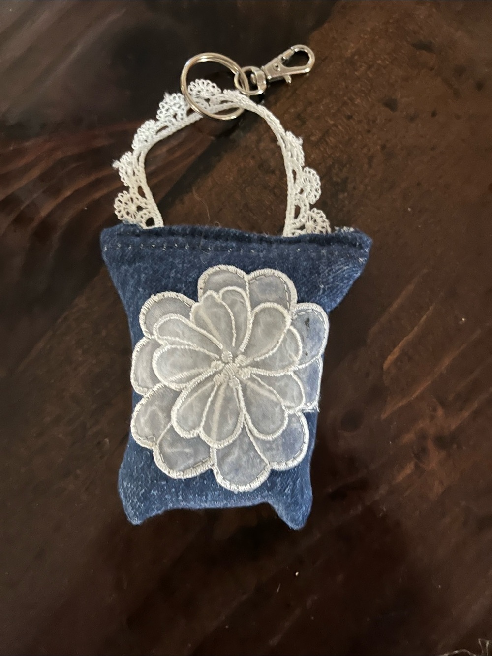 Lace Strap Denim Keychain with White Floral Applique